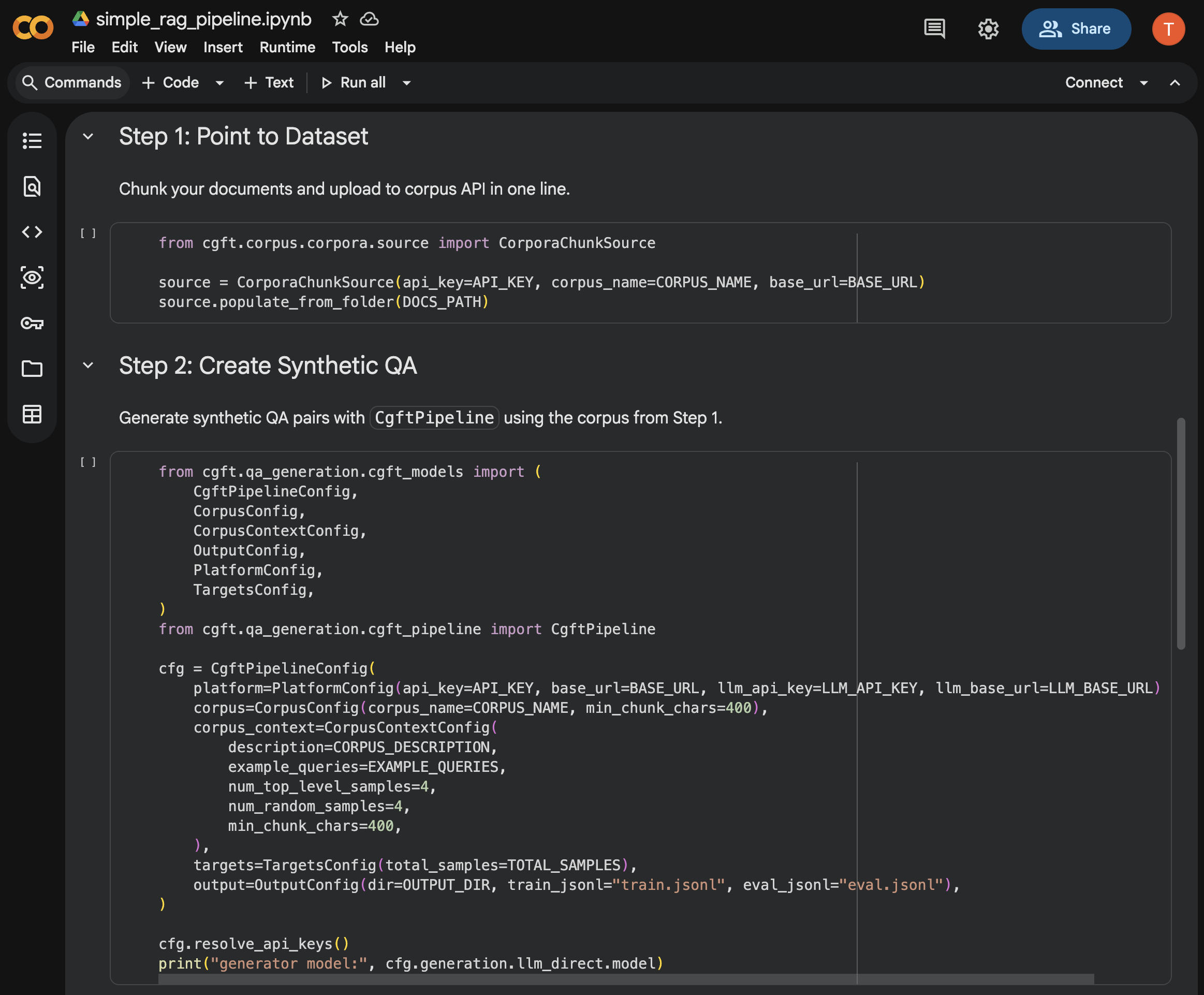 a colab notebook, simple_rag_pipeline.ipynb, with python cells: step 1 points a corpus chunk source at a dataset in one line, step 2 generates synthetic qa pairs from a pipeline config