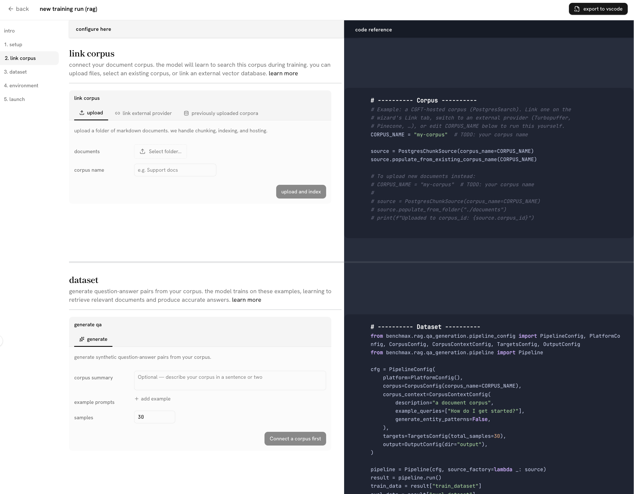 the config wizard for a new rag training run: a left sidebar of steps (setup, link corpus, dataset, environment, launch), a form to link a corpus and generate qa, and a dark code reference panel on the right showing the equivalent python, with an export to vscode button