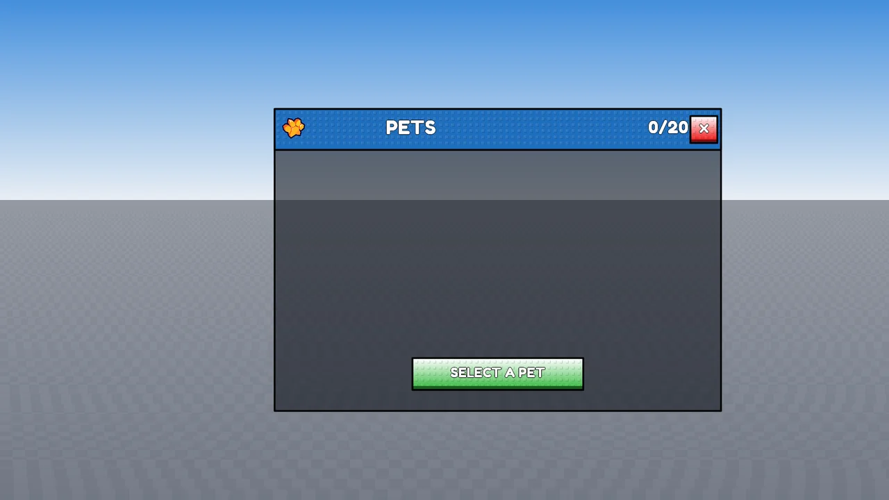 gpt-5.6 luna: an empty pets inventory panel with one button