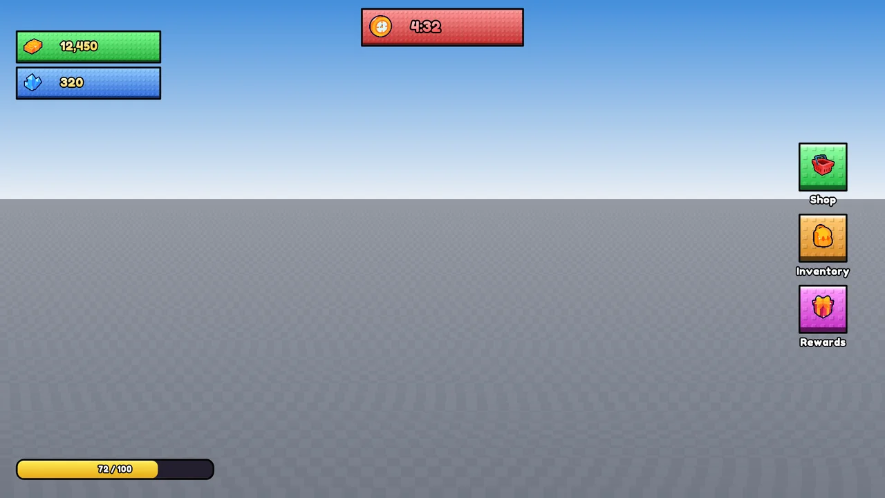 a simulator hud with currency counters, a round timer, side buttons and a stamina bar