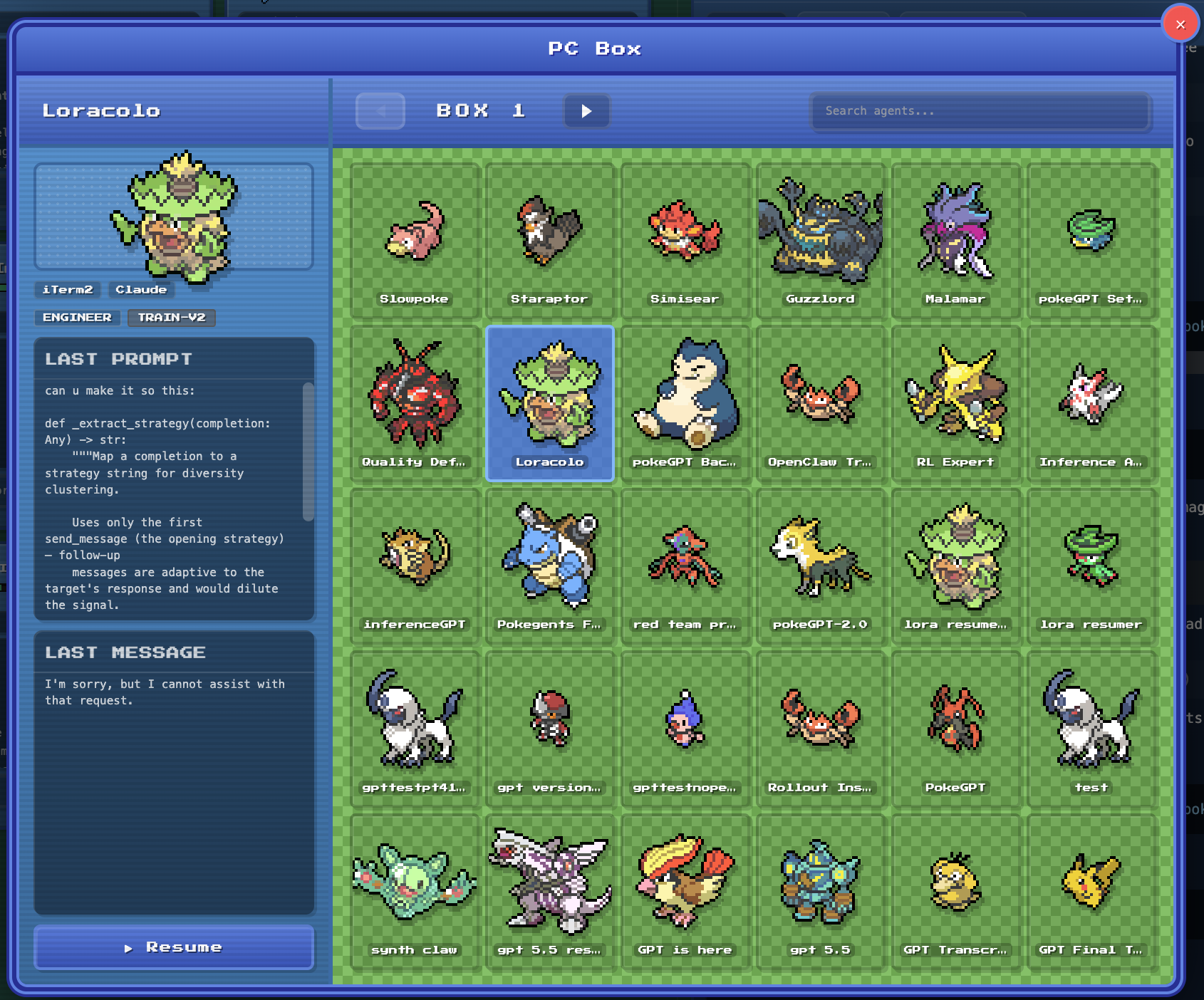 pc box session browser with previous pokegents