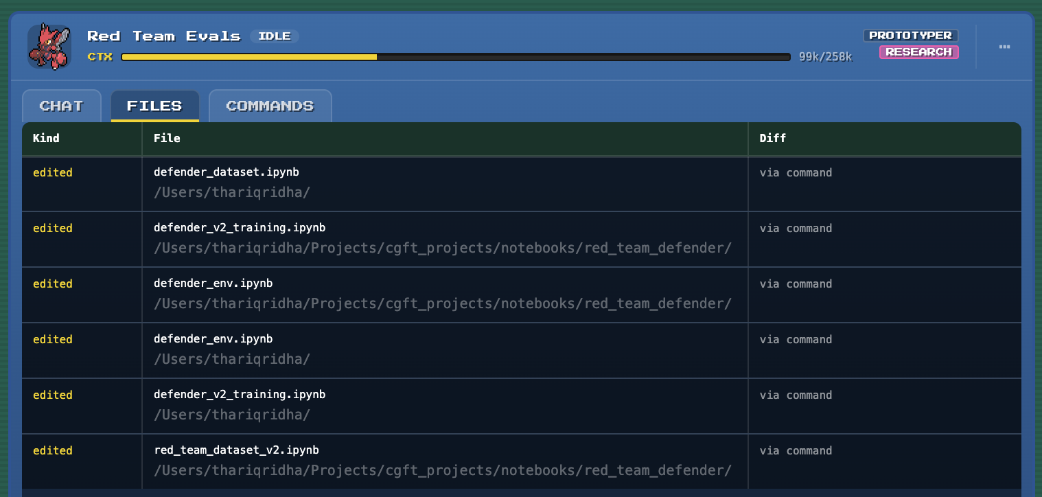 pokegents commands tab showing commands run by an agent